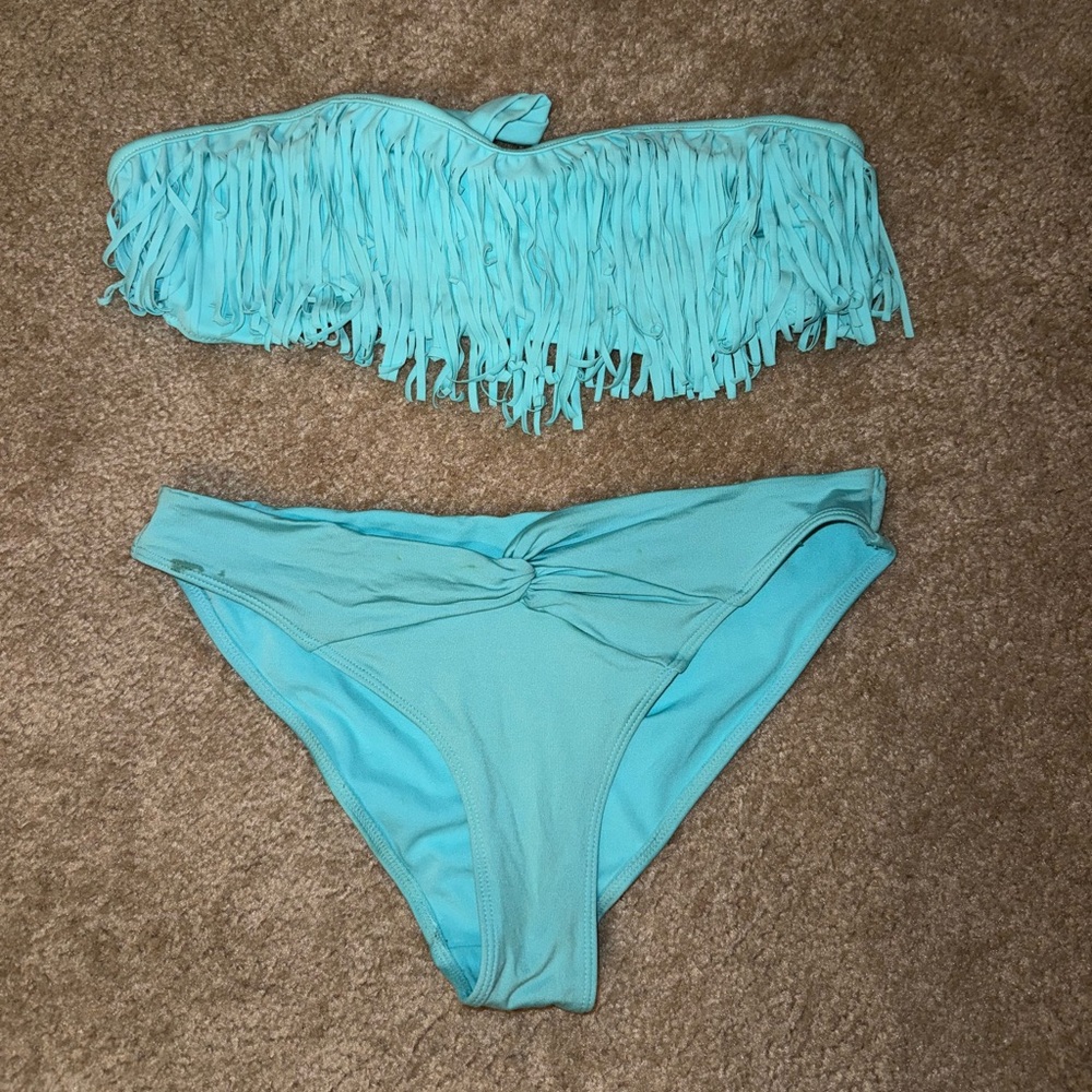 Fringe Bandeau Bikini Set in Aqua